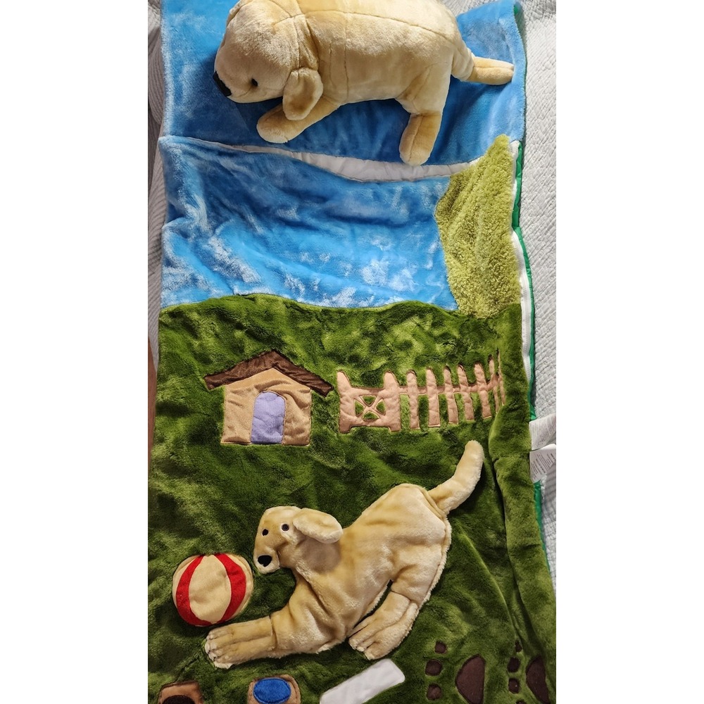 Kids Yellow Lab Puppy Plush Sleeping Bag Dog House Scene Green Blue 53x27